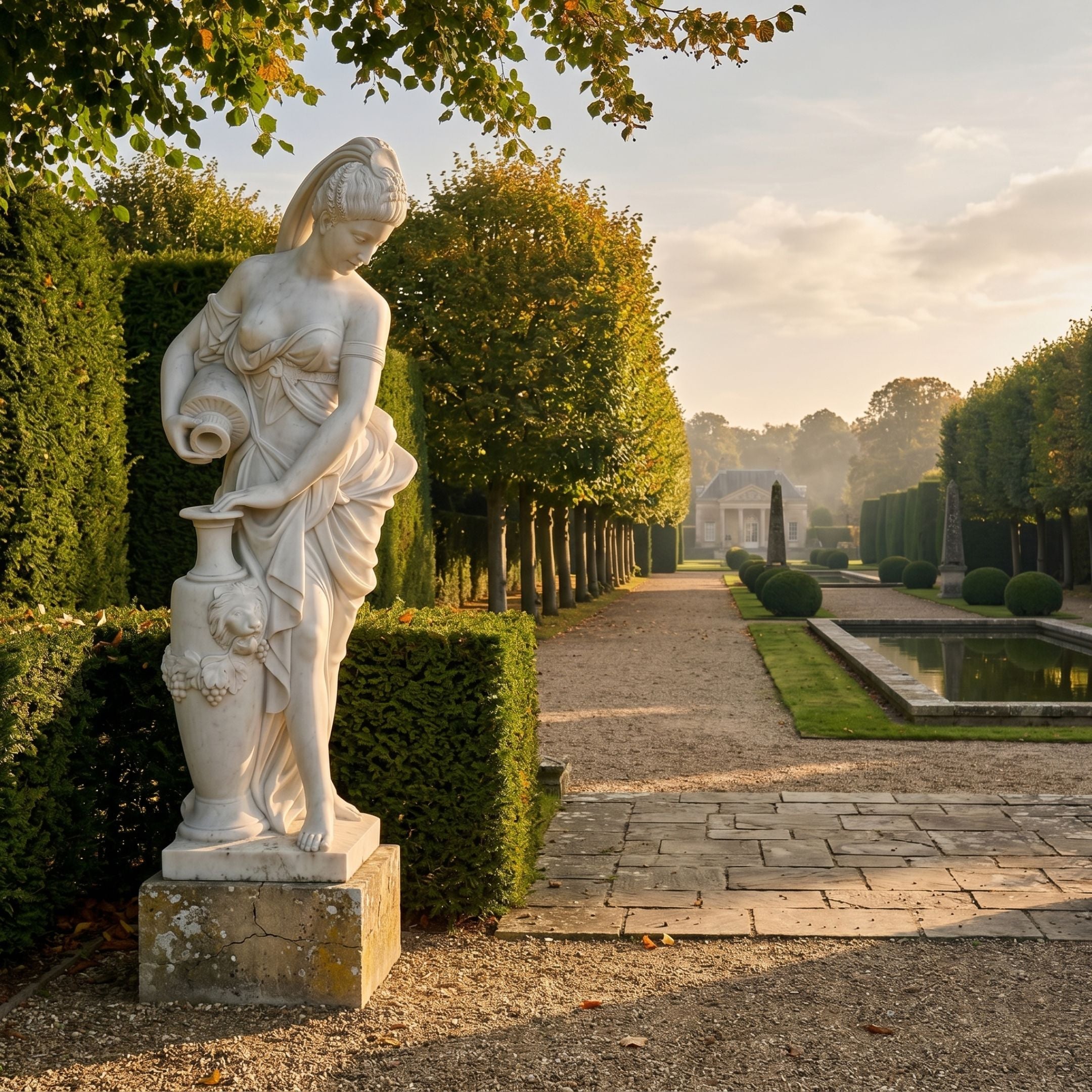Giant Sculptures' 180cm Water Nymph marble sculpture on a weathered stone plinth, depicting a draped female figure pouring from an urn beside a manicured hedged garden path.