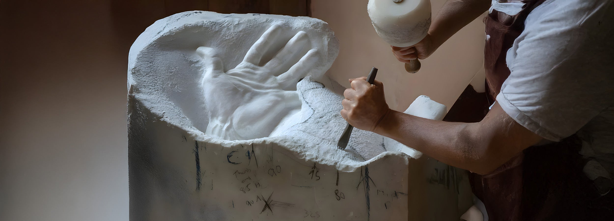 A sculptor in an apron shapes a large stone, carving out a handprint design. They use a chisel and mallet, with the partially formed sculpture showing detailed ridges and markings.