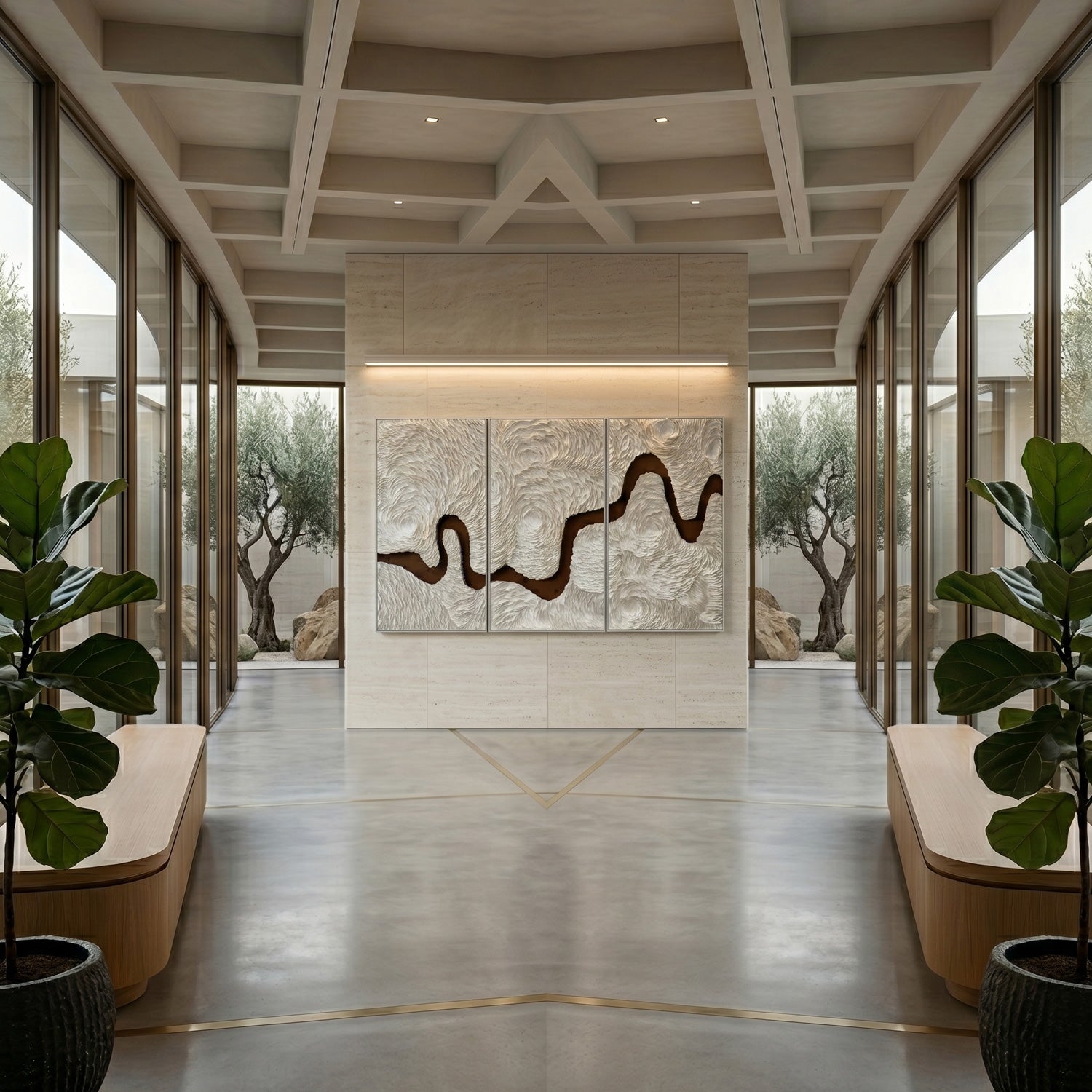 Riverine Flow Pearl White Textured Triptych Wall Art by Giant Sculptures mounted on a travertine feature wall in a bright hallway with olive trees and fiddle leaf figs.