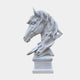 The Dynamic Horse Head Marble Outdoor Sculpture - 100cm by Giant Sculptures features a horse head intertwined with wood textures, elegantly mounted on a square pedestal. Its design blends realistic and abstract elements, offering a unique fusion of nature and art.