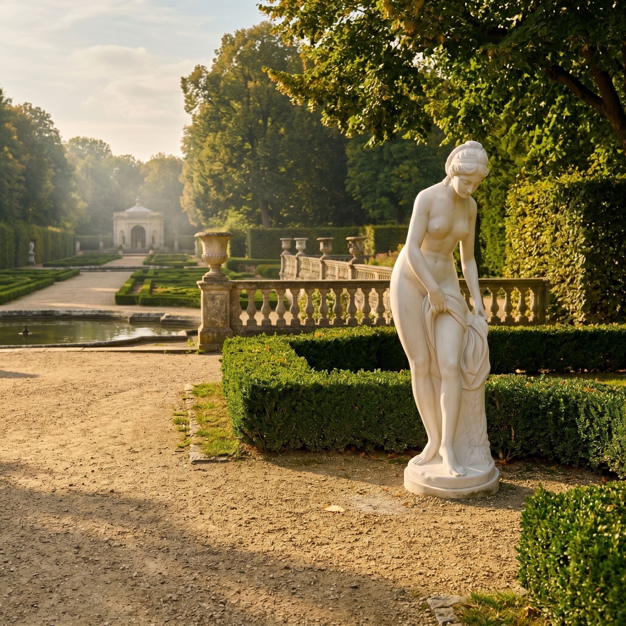 Giant Sculptures' 160cm Standing Nude Bather marble sculpture leaning forward with draped cloth, displayed beside a clipped hedge in a formal classical garden.