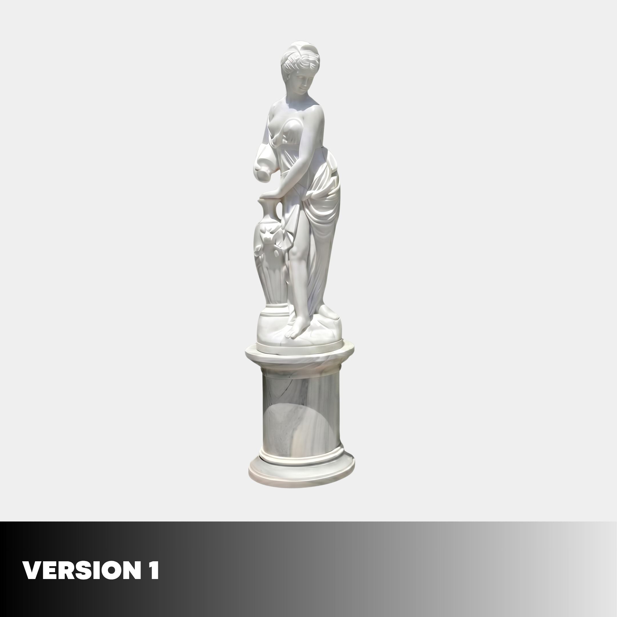 Female Figure Pedestal Marble Sculpture by Giant Sculptures shown in version 1, with a draped woman holding a vessel atop a cylindrical marble pedestal.