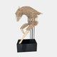 Rising Stallion Wood Horse Sculpture by Giant Sculptures, 160cm, side view of a leaping horse built from stacked natural wood slabs on a black base.