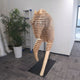 Rising Stallion Wood Horse Sculpture 160cm by Giant Sculptures, rear view of layered wood slab horse on black base, beside a potted palm and ladder in an office.