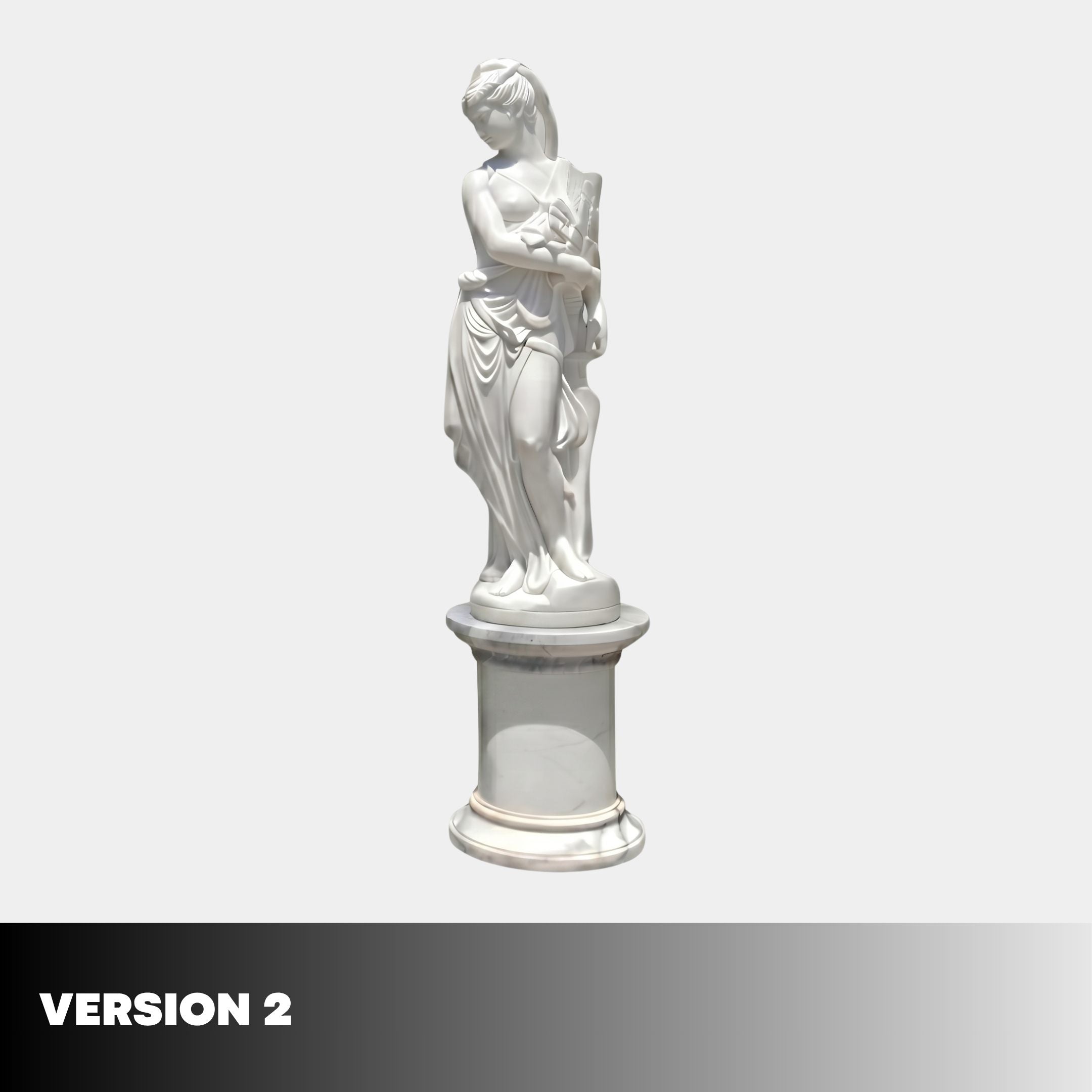 Giant Sculptures' 240cm Female Figure Pedestal Marble Sculpture in white, draped robe holding an object, displayed on a round marble pedestal against a light background.