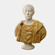 Classical Male Marble Bust Sculpture 75cm by Giant Sculptures, white marble head with amber draped robe and brooch detail, on a round base against white.