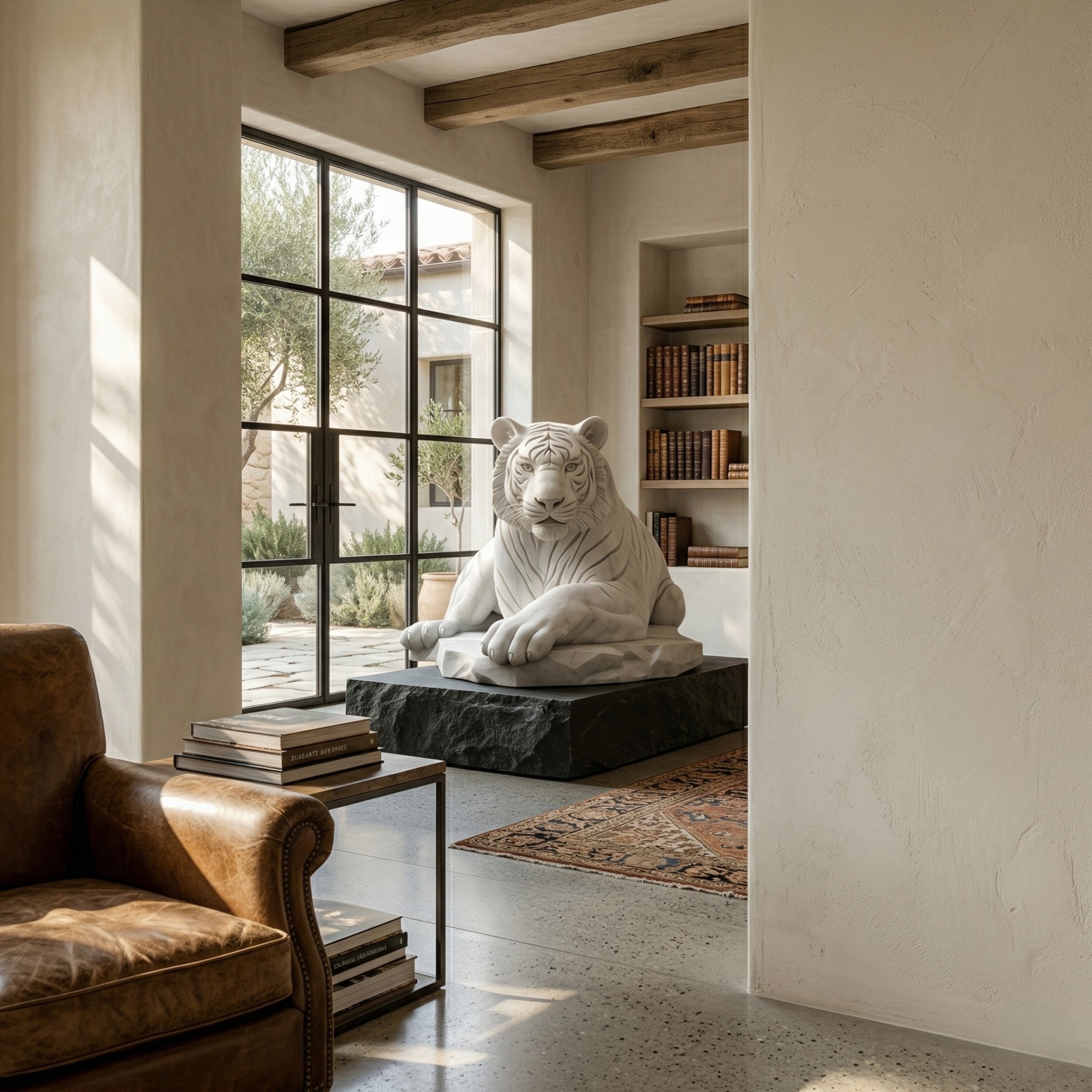 The Regal White Tiger Marble Outdoor Sculpture - 120cm by Giant Sculptures sits on a black base in a sunlit room with rustic beams, bookshelves, a leather armchair, stacked books, and garden views through glass doors.