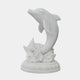 The Leaping Dolphin Marble Outdoor Sculpture by Giant Sculptures, standing at 150cm, embodies marine life with a white dolphin ascending through stylized waves and foliage. Ideal for outdoor use, it brings oceanic charm to any space against its plain background.