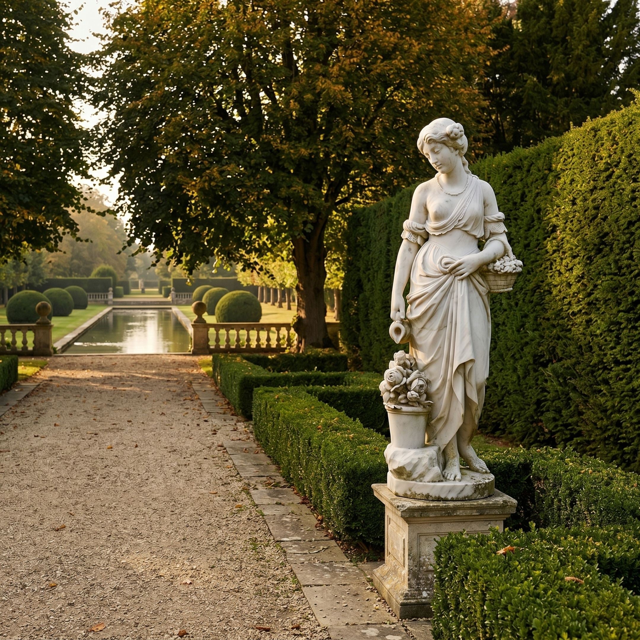 Flora Goddess of Spring 160cm white marble sculpture by Giant Sculptures, holding a flower basket on a pedestal beside a manicured hedge in a formal garden.