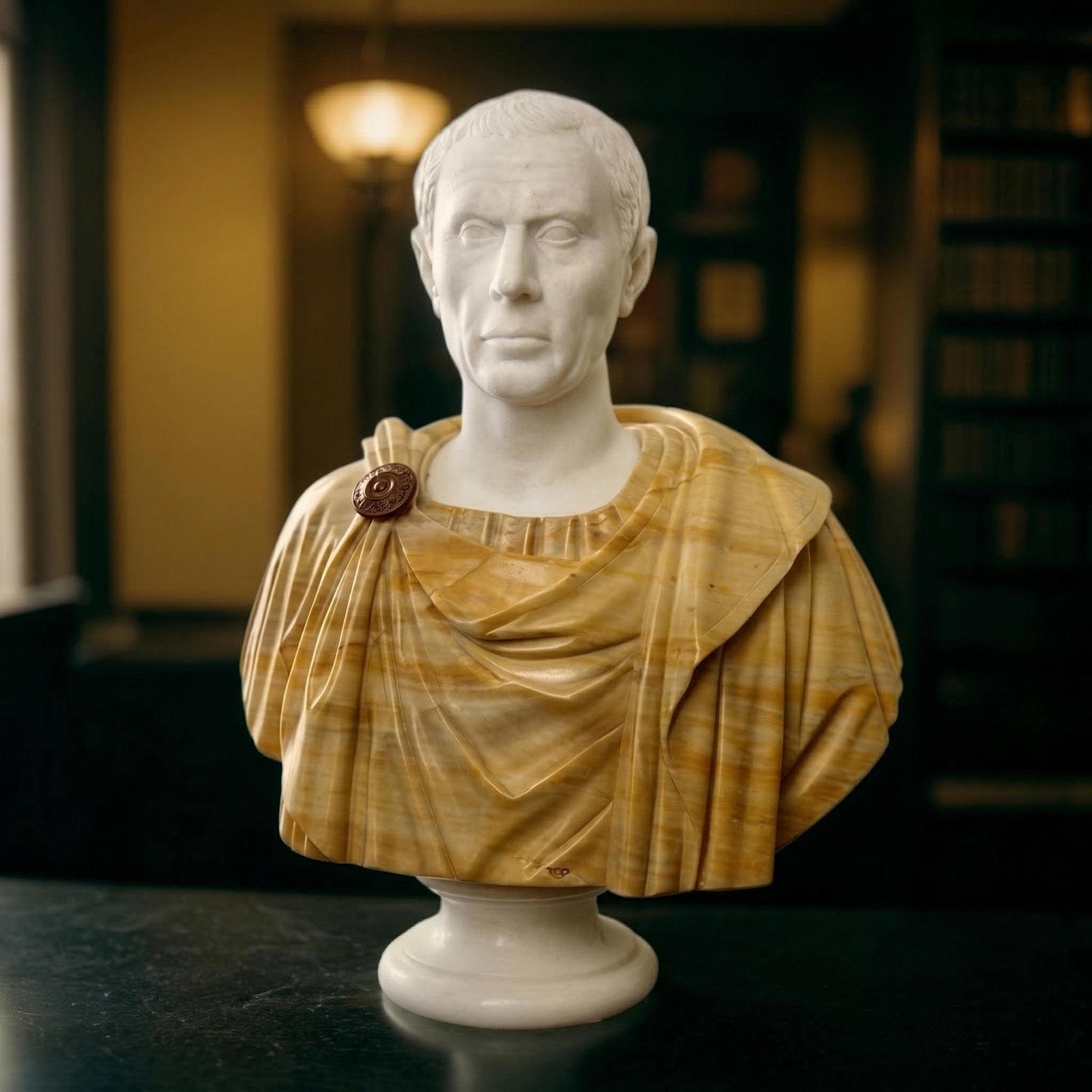 The Classical Male Marble Bust Sculpture - 75cm by Giant Sculptures features ancient Roman attire in white and amber marble, displayed indoors on a dark table with warm lighting and bookshelves behind.