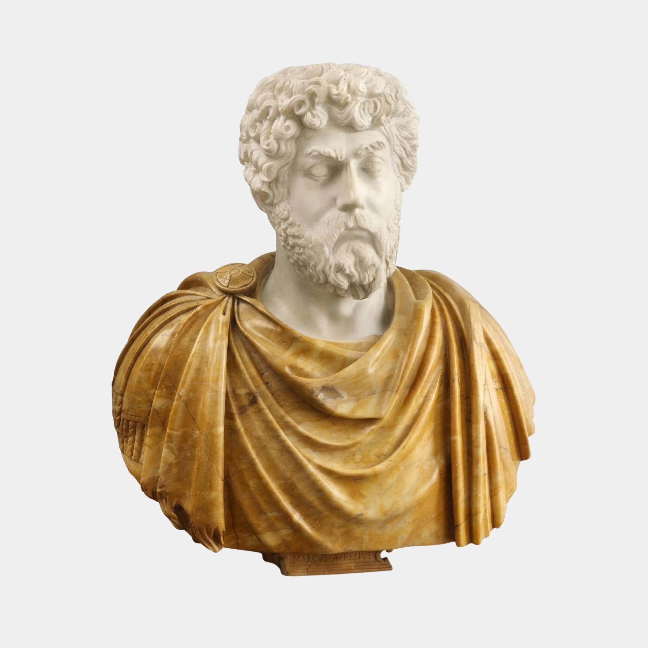 The Bearded Male Marble Bust Sculpture - 75cm by Giant Sculptures features a two-tone bearded man with curly hair and an amber marble cloak, standing out against a white background.