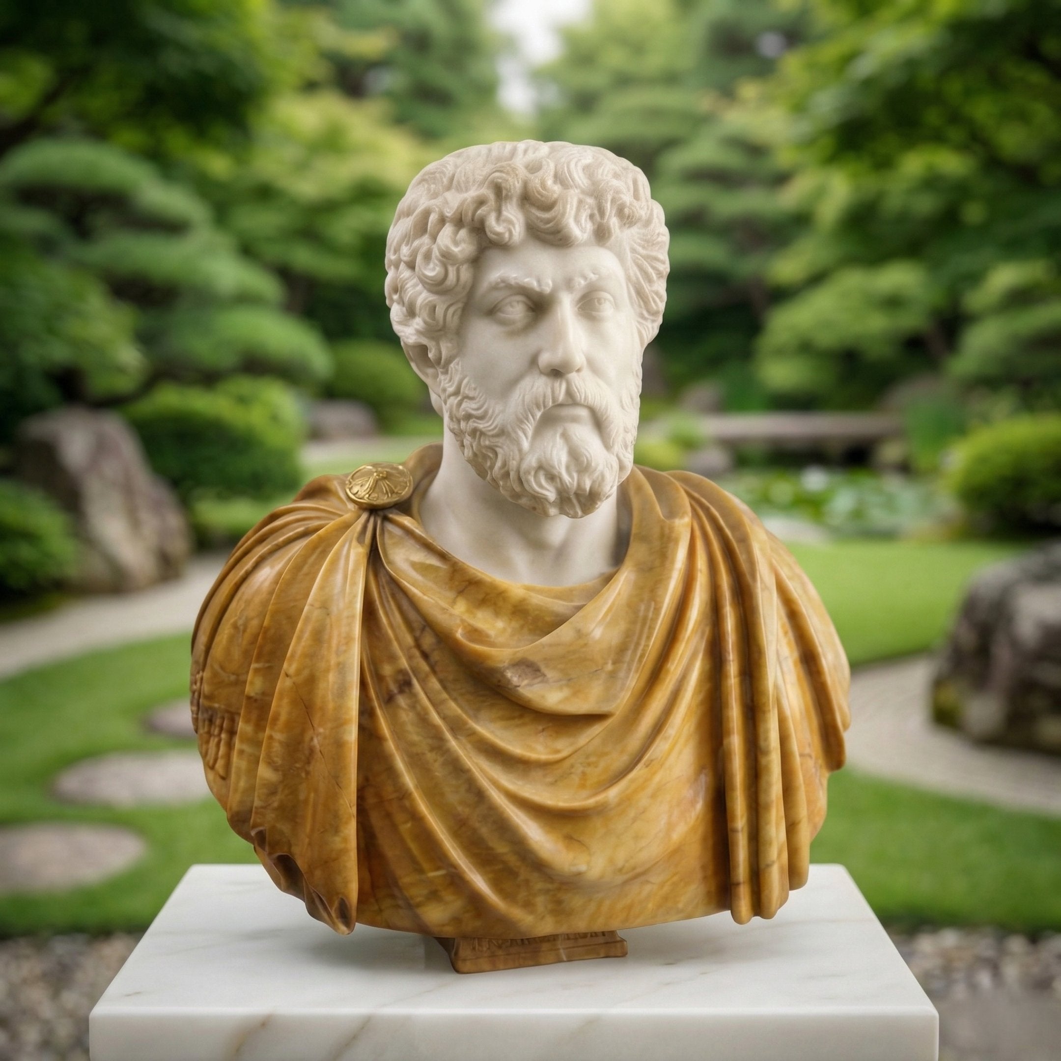 The Bearded Male Marble Bust Sculpture - 75cm by Giant Sculptures features a bearded man with curly hair in a toga, displayed on a pedestal amidst lush greenery and trees along a garden path.