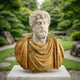 The Bearded Male Marble Bust Sculpture - 75cm by Giant Sculptures features a bearded man with curly hair in a toga, displayed on a pedestal amidst lush greenery and trees along a garden path.