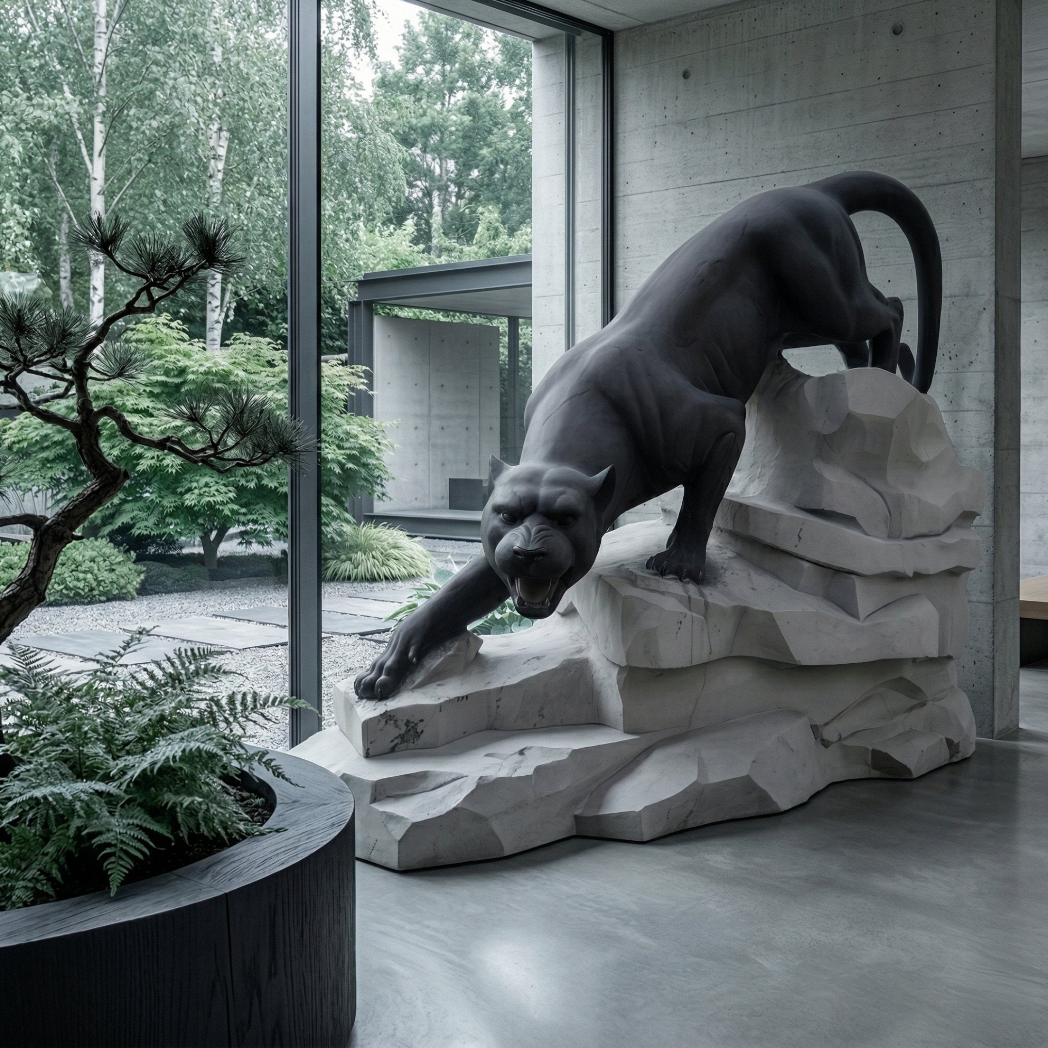 The Stealth Panther Marble Outdoor Sculpture - 150cm by Giant Sculptures features a sleek black panther on a white pedestal, creating a stunning contrast with lush garden greenery when placed in minimalist settings with large windows.