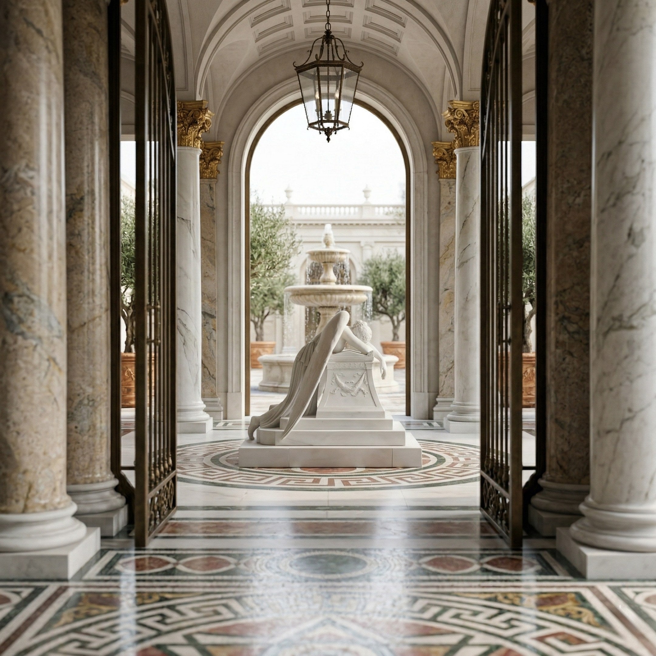 The Weeping Angel Marble Outdoor Sculpture (150cm) by Giant Sculptures is showcased beneath an ornate archway with columns and a lantern, overlooking a decorative fountain and manicured trees in a classical courtyard setting.