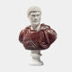 The Roman Male Marble Bust Sculpture - 75cm by Giant Sculptures features a two-tone marble and red stone design, depicting a curly-haired man with a stern expression and draped garment on a round white pedestal.