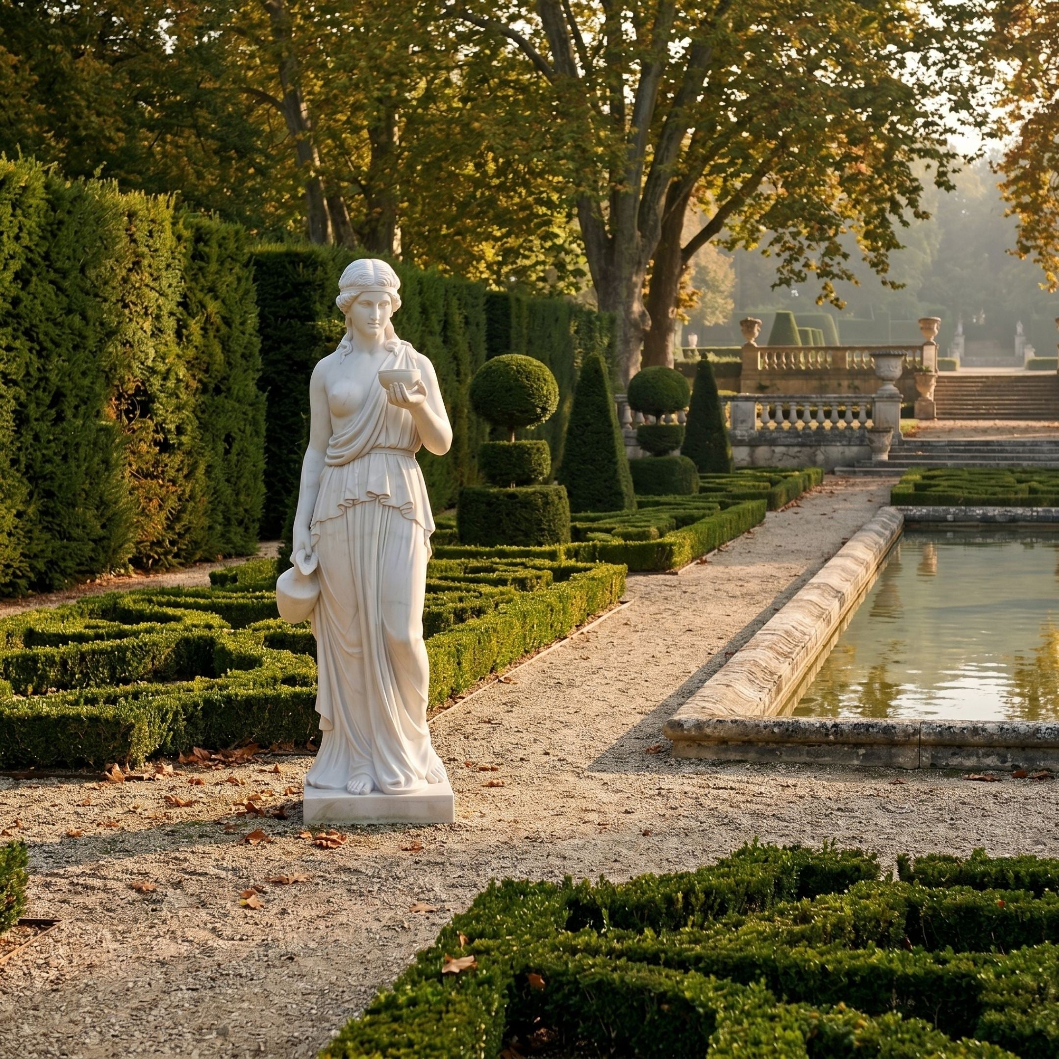 Standing Woman with Cherubs 160cm white marble sculpture by Giant Sculptures, holding a bowl, displayed on a gravel path beside manicured hedges and a reflecting pool.