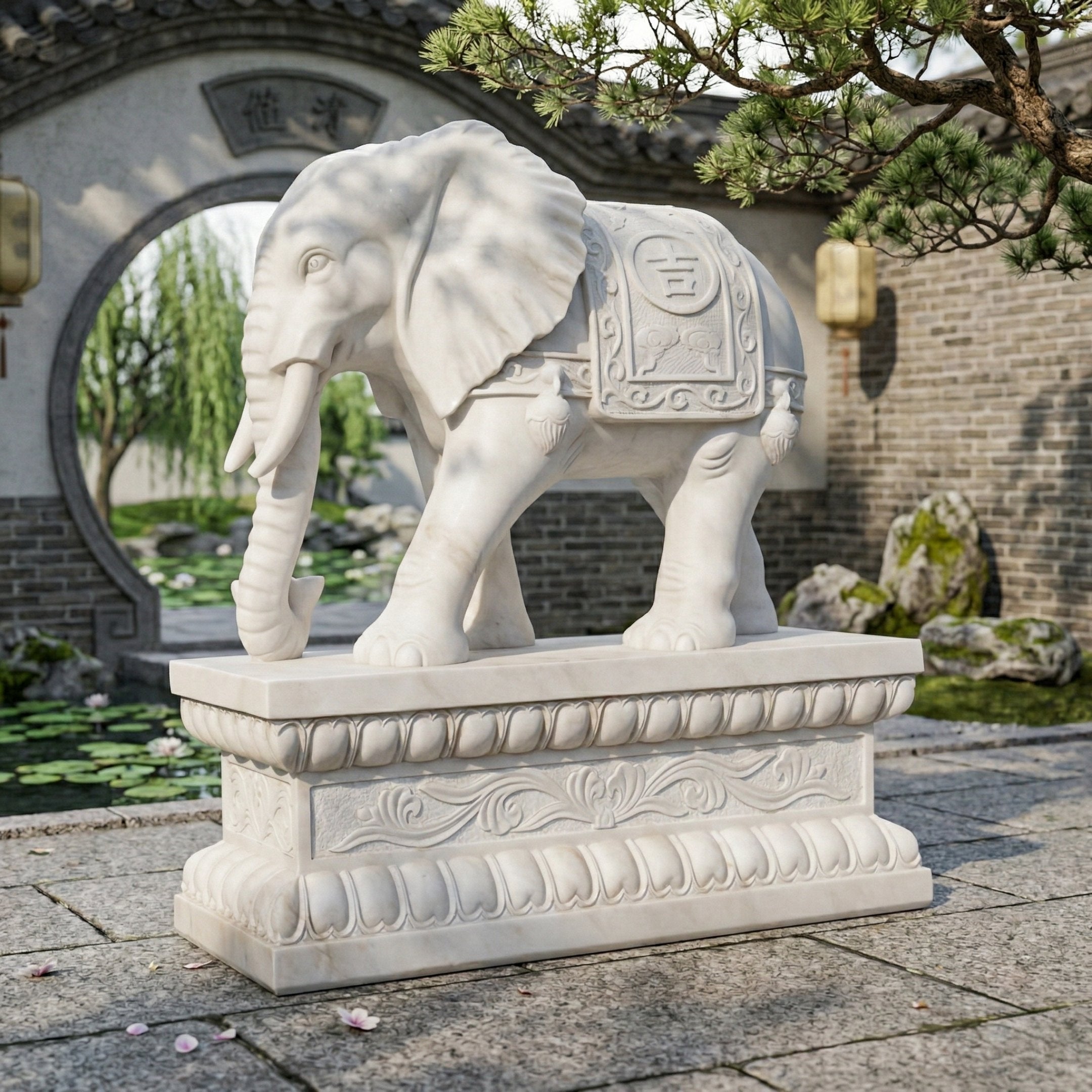 The Lucky Chinese Elephant Marble Outdoor Sculpture - 180cm by Giant Sculptures features ornate carvings and stands in a traditional garden, with a round gateway framing serene views of a pond and lush trees.