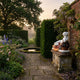 Giant Sculptures Reclining Woman Marble Sculpture 130cm displayed on a weathered stone plinth beside a wisteria-clad brick wall in a misty walled garden with lily pond.