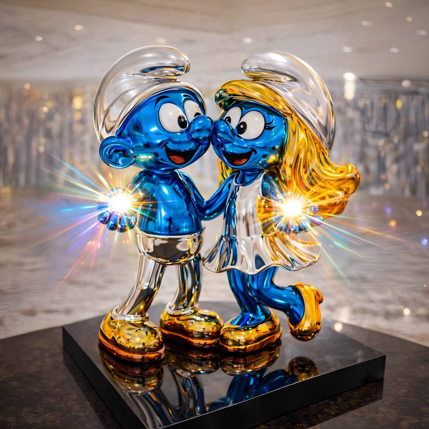 The Smurf Couple Holding Hands Spark Statue (70cm) by Giant Sculptures features a smiling male and female Smurf holding glowing lights, detailed in blue, gold, and silver on a sleek black base—a stunning fiberglass collectible.