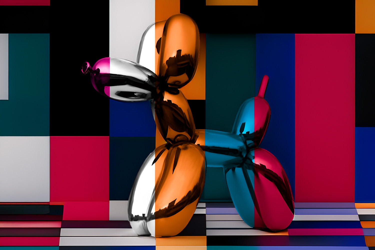 A reflective balloon dog sculpture stands against a colorful, geometric background. The sculpture features metallic hues of silver, orange, and teal, with the backdrop composed of vibrant, overlapping rectangles in various colors.