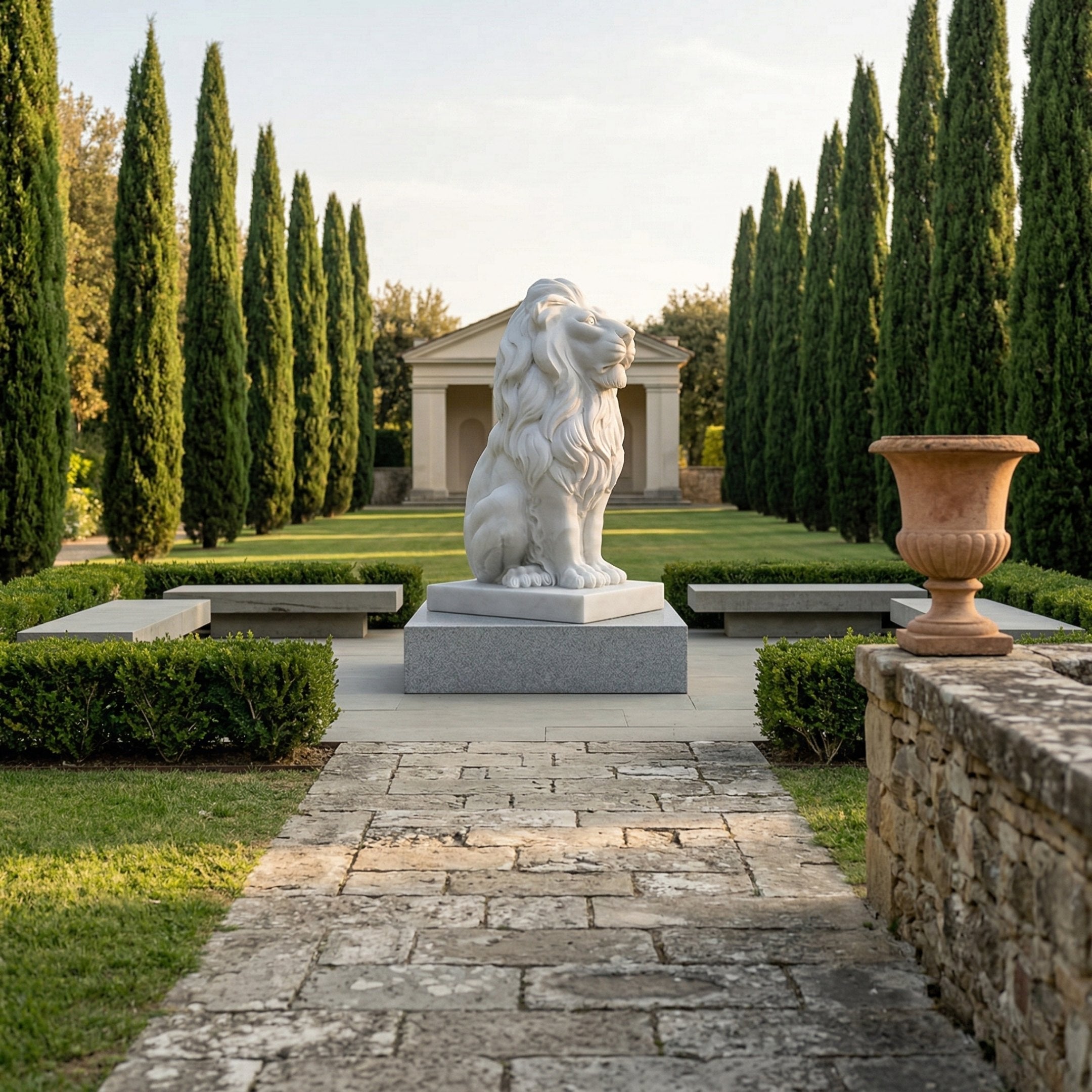 A stone pathway leads to the Giant Gracious Lion Marble Outdoor Sculpture - 120cm by Giant Sculptures, set on a pedestal amid manicured hedges, benches, and cypress trees, with a classical pavilion in the background.