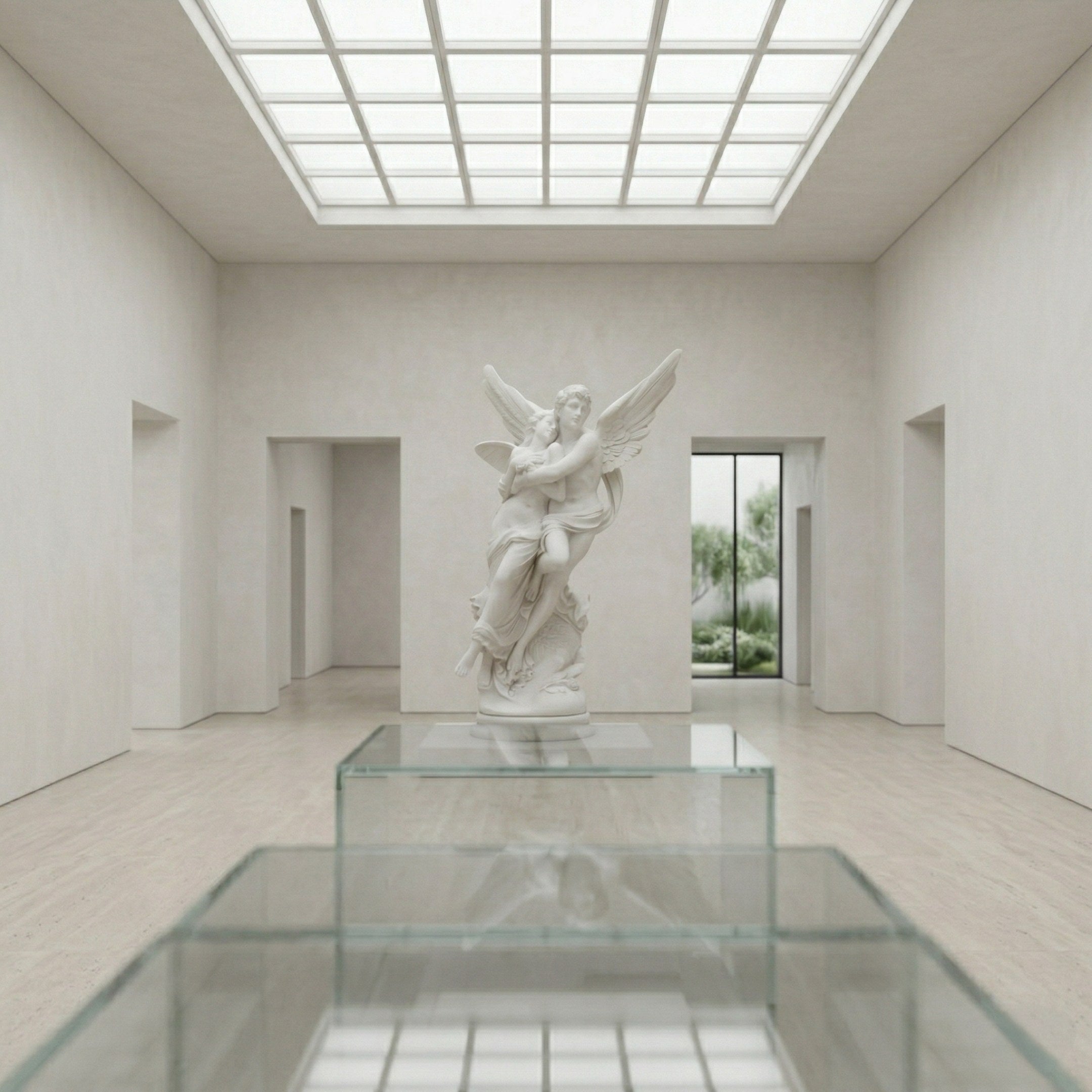 The Angelic Embrace Marble Outdoor Sculpture (260cm) by Giant Sculptures stands at the center of a minimalist, sunlit gallery with glass cases and large windows revealing lush greenery outside.