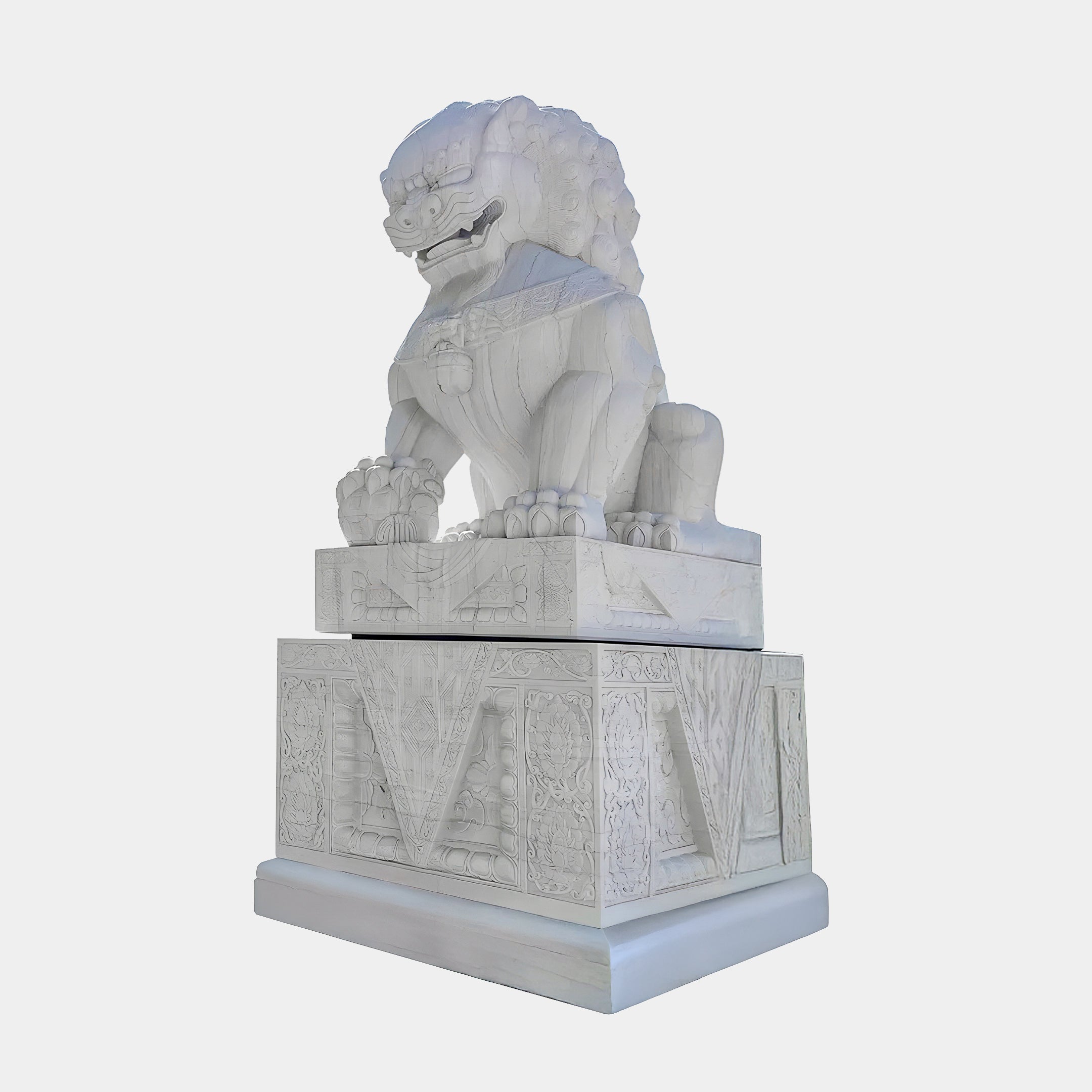 The Chinese Guardian Lion V Marble Outdoor Sculpture by Giant Sculptures stands 200cm tall, featuring a fierce expression with intricately textured fur and strong paws. It majestically sits on a pedestal adorned with geometric and floral designs, emphasizing its hand-carved elegance.