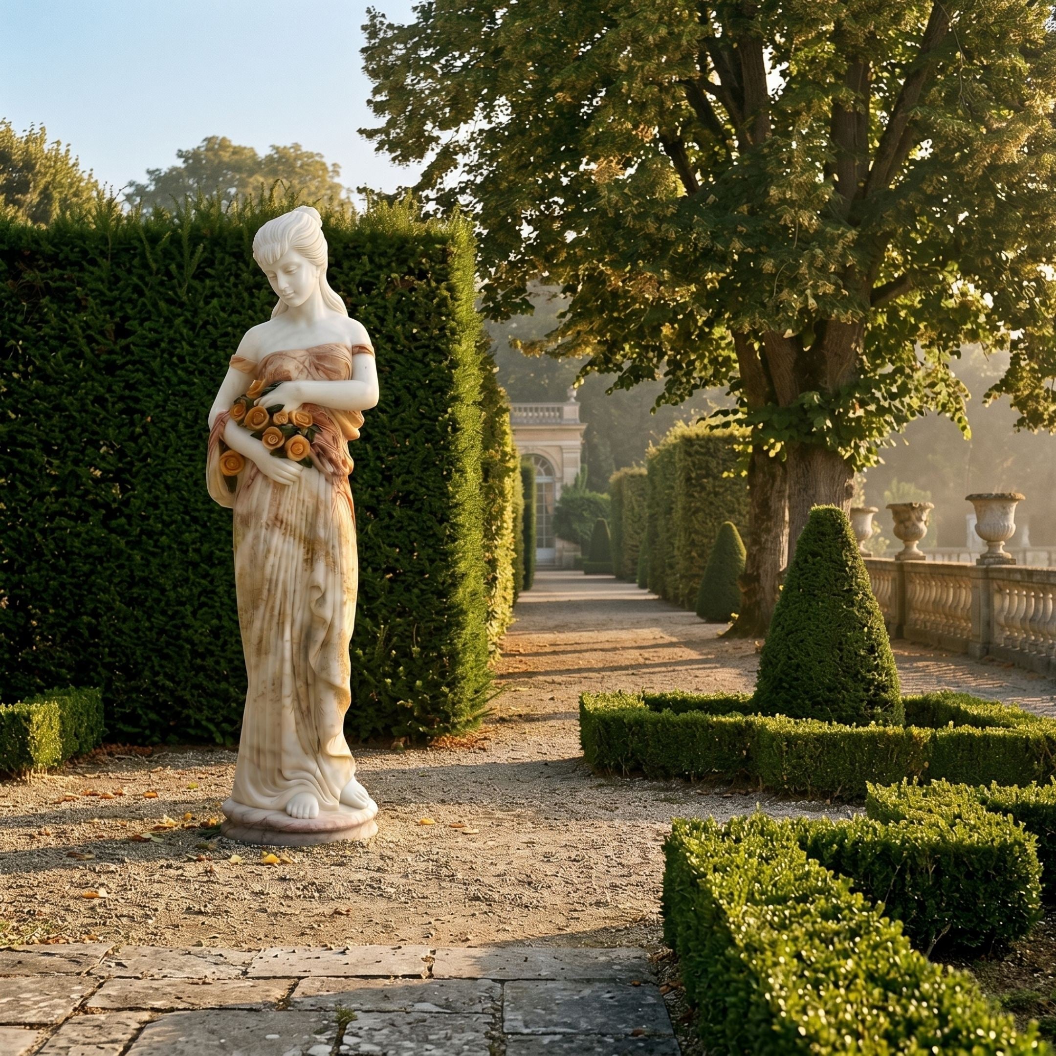 Caryatid Column Marble Sculpture 160cm by Giant Sculptures, a draped female figure holding roses, displayed on a gravel path in a hedged formal garden.