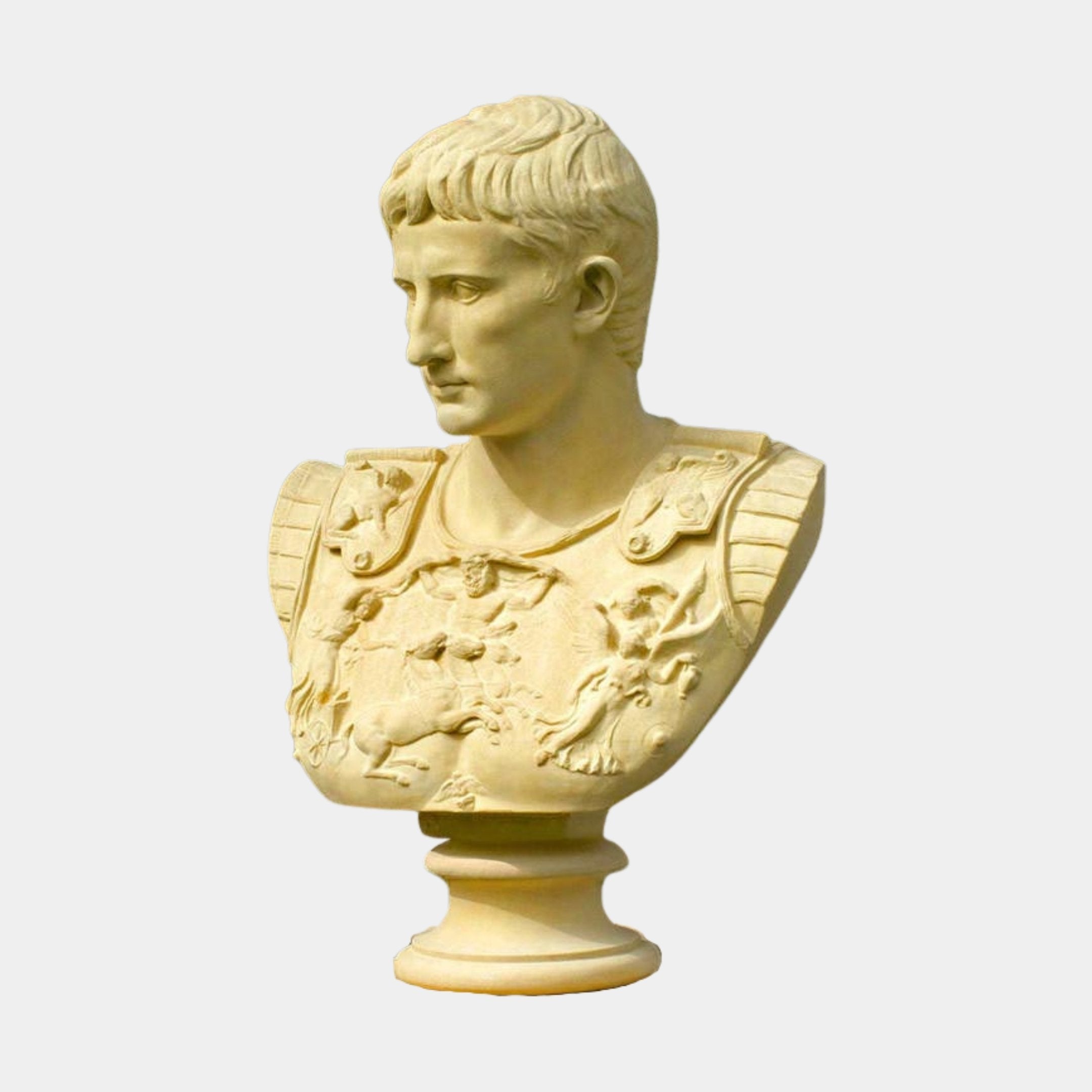 The Roman Emperor Marble Bust Sculpture - 75cm by Giant Sculptures features a young man with short hair in detailed carved armor, displayed on a pedestal against a plain backdrop.