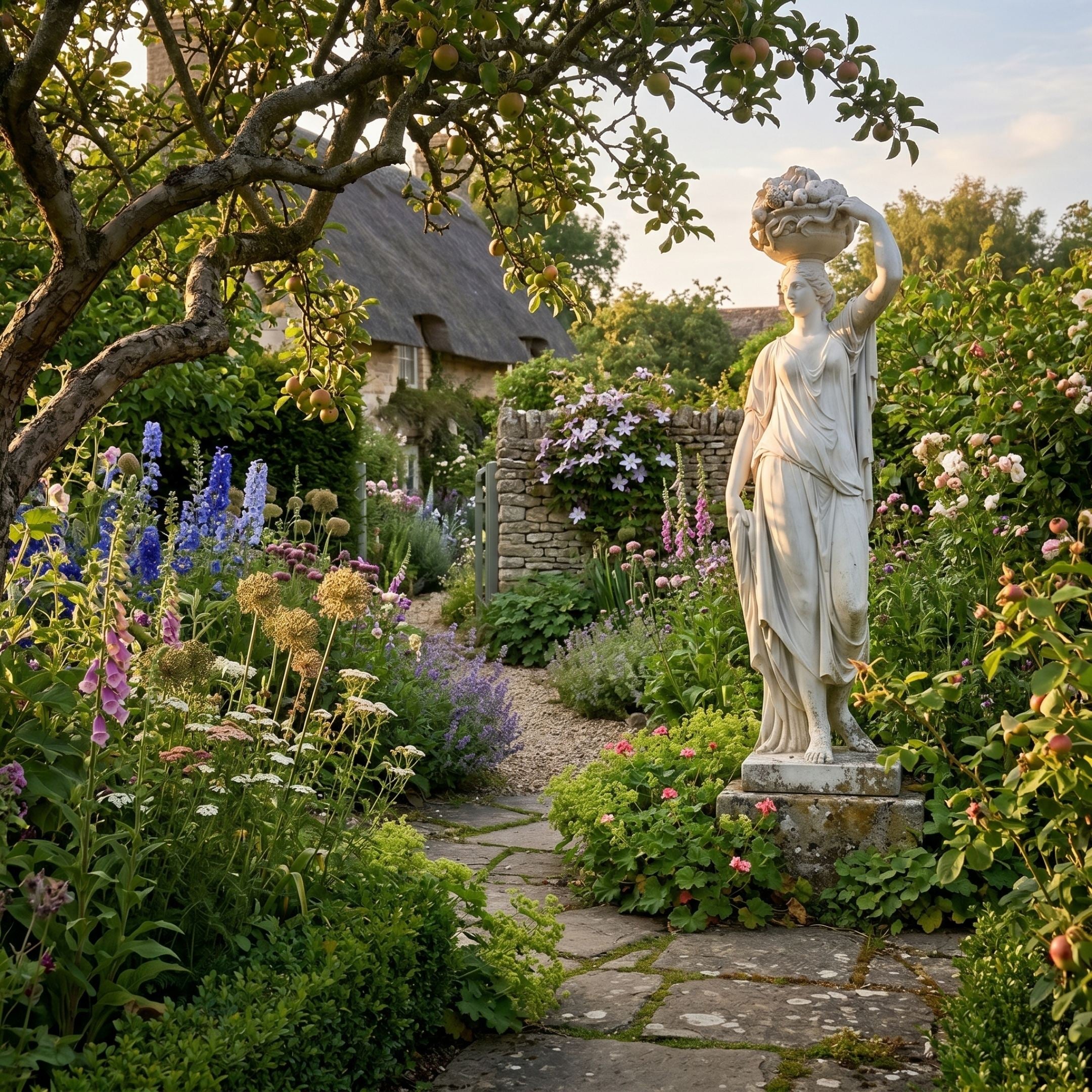 Woman Carrying Fruit Basket Marble Sculpture 180cm by Giant Sculptures, shown on a stone plinth in a cottage garden path beside foxgloves, roses, and an apple tree.