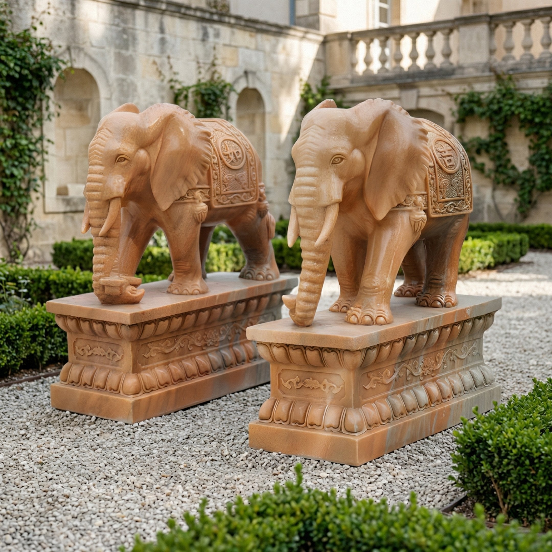 Two Elephant Yellow Marble Outdoor Sculptures by Giant Sculptures (180cm) stand on decorated pedestals in a garden courtyard with trimmed hedges, gravel, and ivy climbing the walls of a classical building in the background.