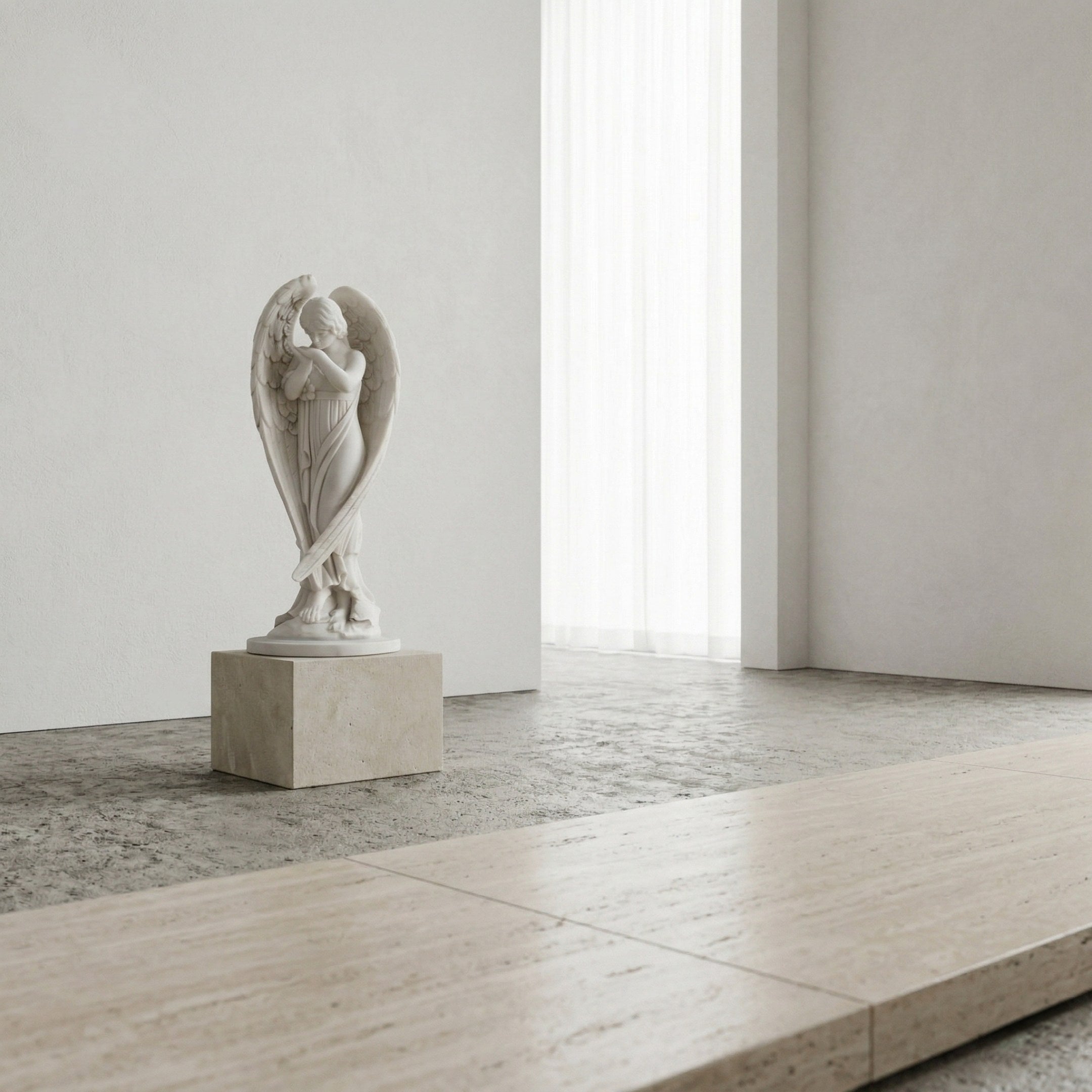 The Whispering Wings Angel Marble Outdoor Sculpture (80cm) by Giant Sculptures stands on a stone pedestal in a minimalist room with light gray walls, sheer-curtained window, and smooth stone floor—ideal as a garden memorial.