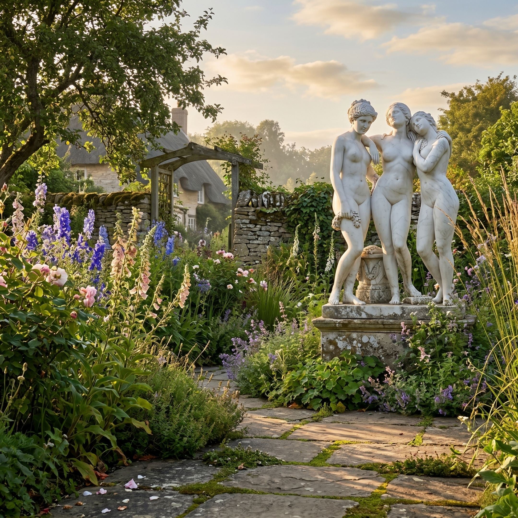 The Three Graces 100cm marble sculpture by Giant Sculptures, three intertwined female figures on a carved plinth, set in a cottage garden with foxgloves and delphiniums.