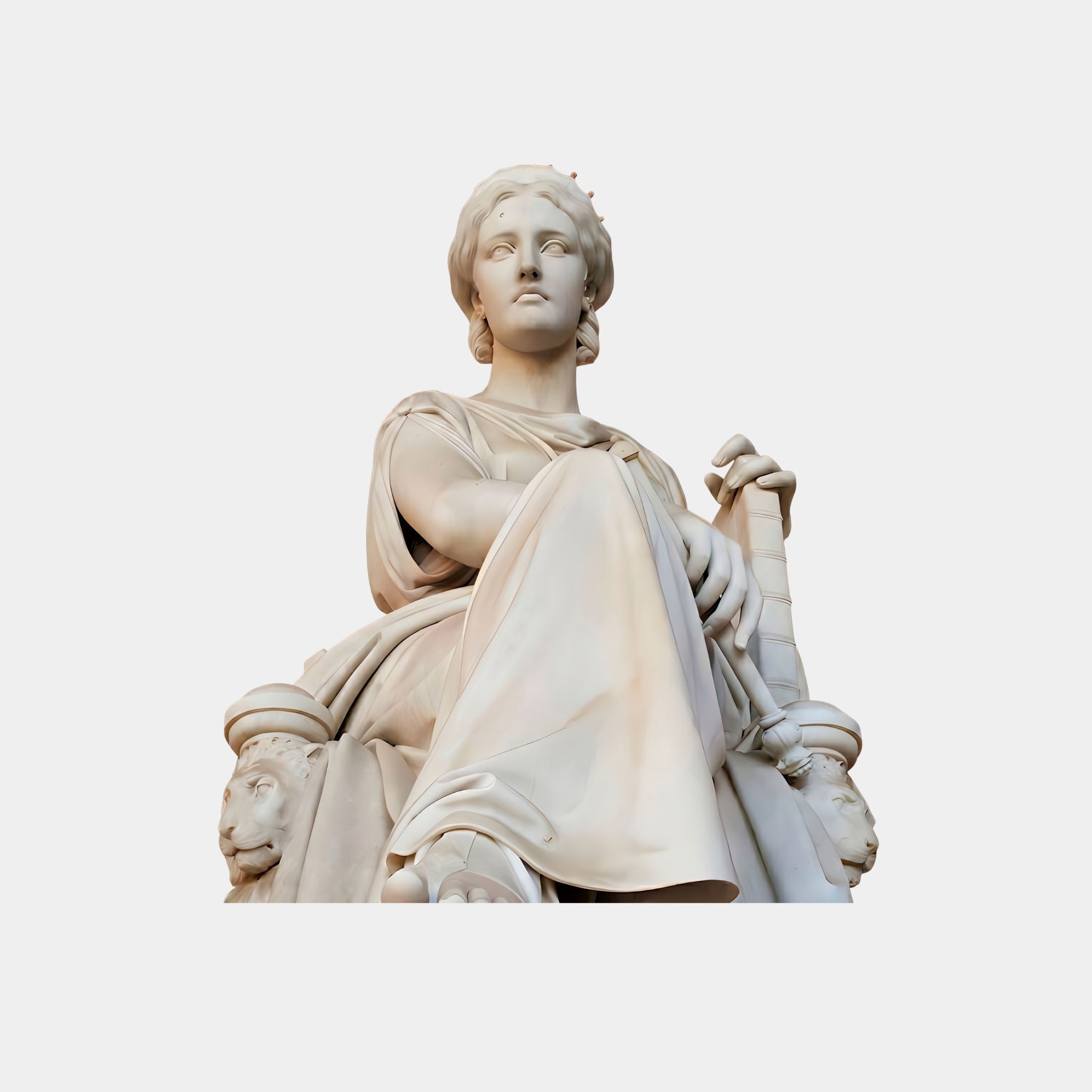 Seated Goddess Marble Sculpture 130cm by Giant Sculptures, a crowned white marble figure holding a sceptre on a lion-head throne, shown against a light grey background.