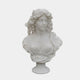 The Classical Female Marble Bust Sculpture - 65cm by Giant Sculptures features a woman with wavy hair and draped clothing, expertly crafted from natural white marble and showcased on a simple pedestal against a plain background.