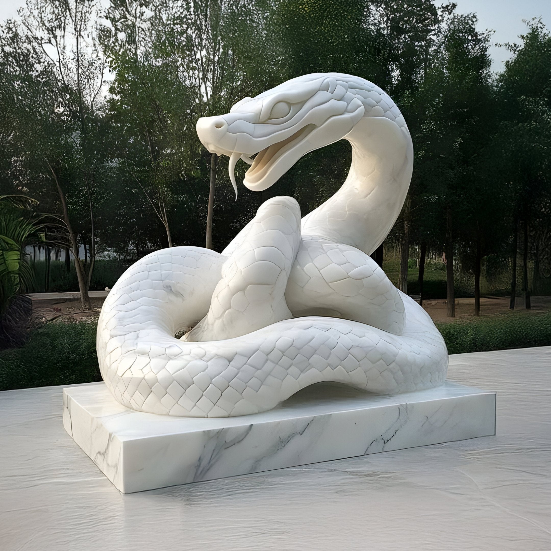 The Coiled Snake White Marble Outdoor Sculpture by Giant Sculptures, measuring 100cm, showcases an intricately detailed snake with its mouth open and tongue out. It is set on a marble-like platform amid lush greenery.