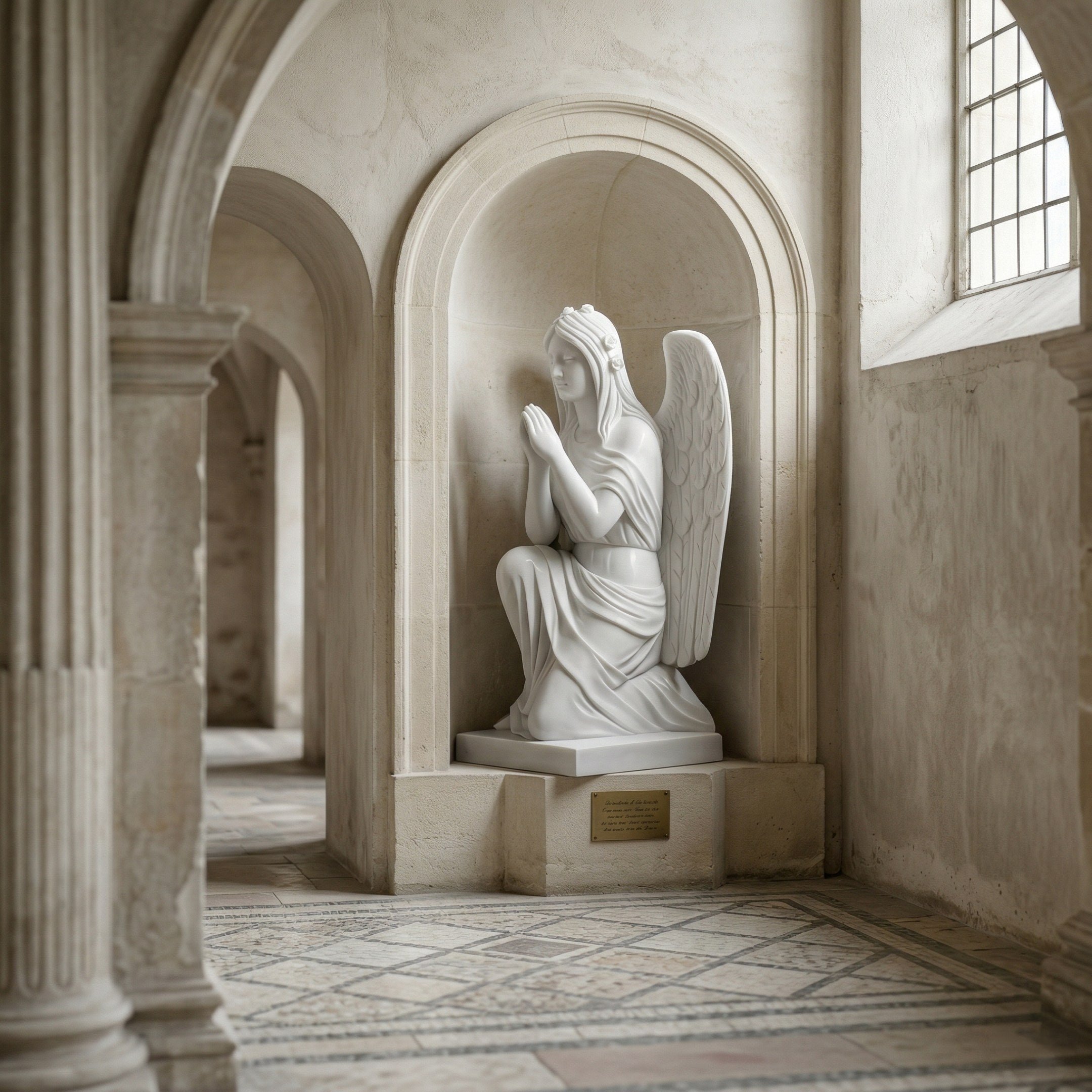 The Giant Sculptures Crowned Prayer Angel Marble Outdoor Sculpture (180cm) kneels with folded hands in an arched stone alcove, its marble surface glowing as sunlight streams through a large window onto the patterned tile floor.