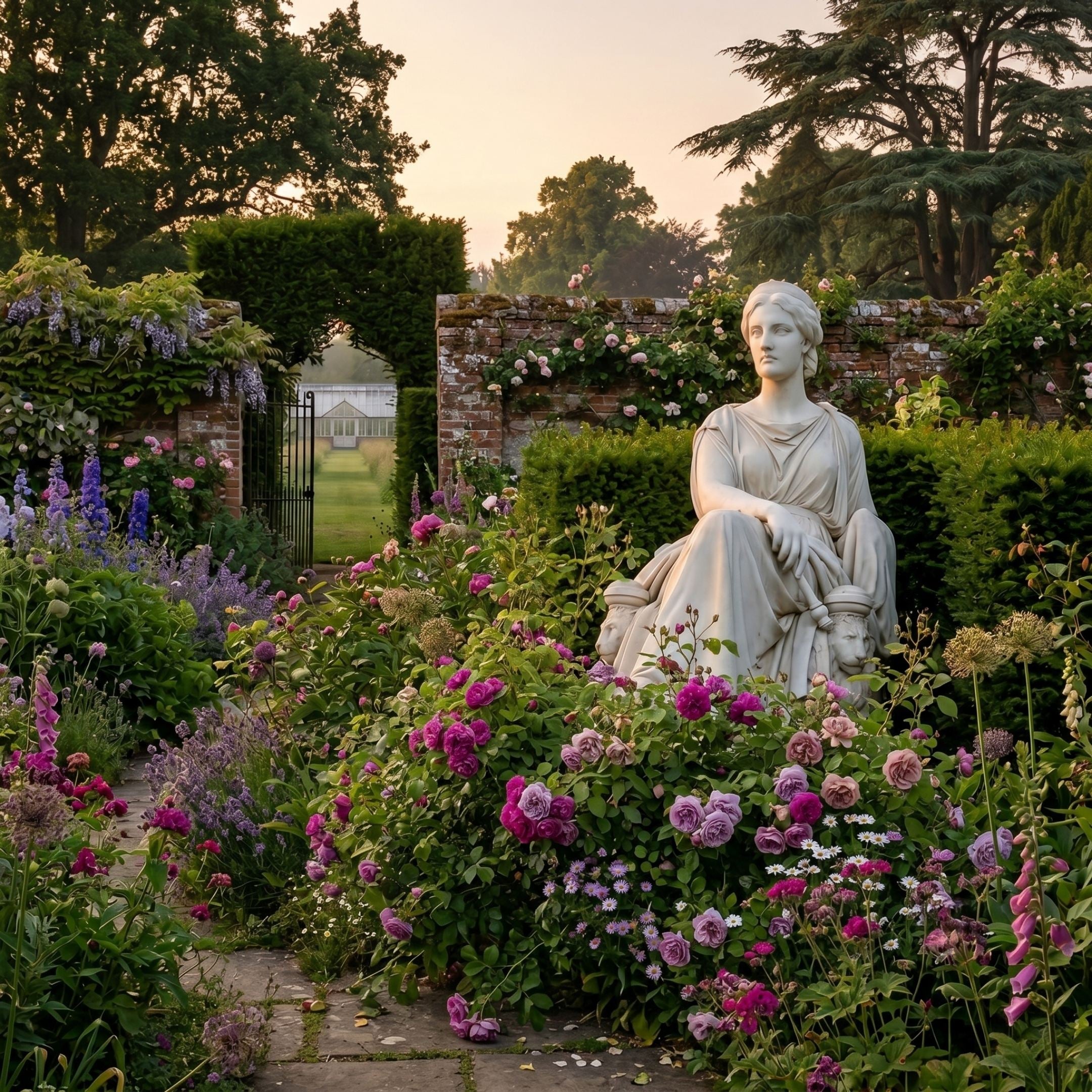 Seated Goddess Marble Sculpture by Giant Sculptures displayed in a walled English garden among pink roses, foxgloves, and lavender at dusk.