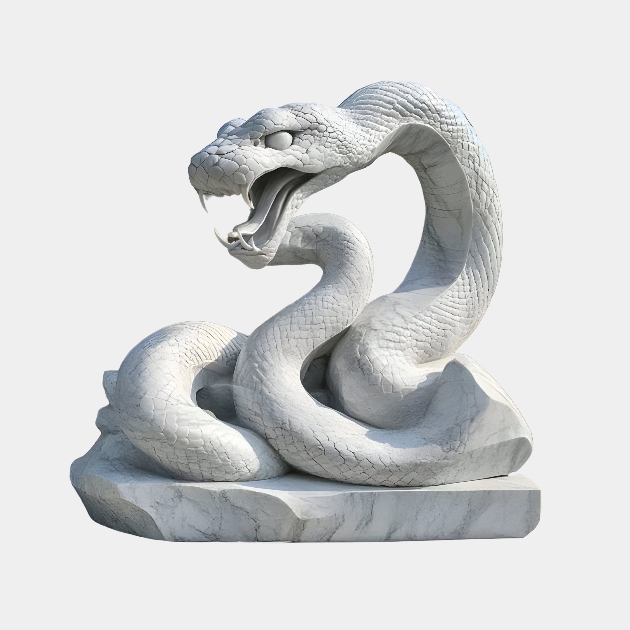 The Ferocious Snake White Marble Outdoor Sculpture by Giant Sculptures features a 100cm intricately detailed coiled serpent with open mouth and exposed fangs. Resting on a rectangular base, it combines realism with dynamic elegance, perfect for captivating and awe-inspiring outdoor decor.