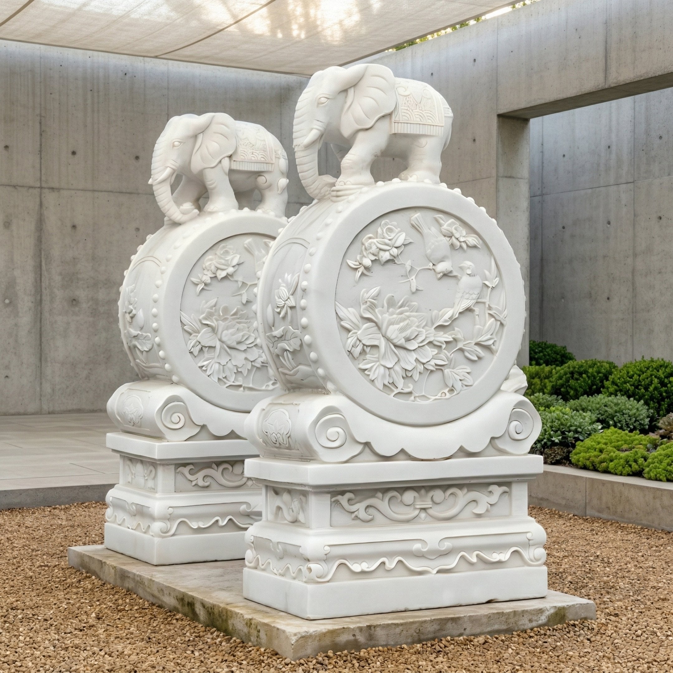 The Elephant On Drum Marble Outdoor Sculpture - 120cm by Giant Sculptures features expertly hand-carved, ornate white marble elephants with floral motifs on circular bases, adding elegance to outdoor spaces amid greenery and concrete walls.