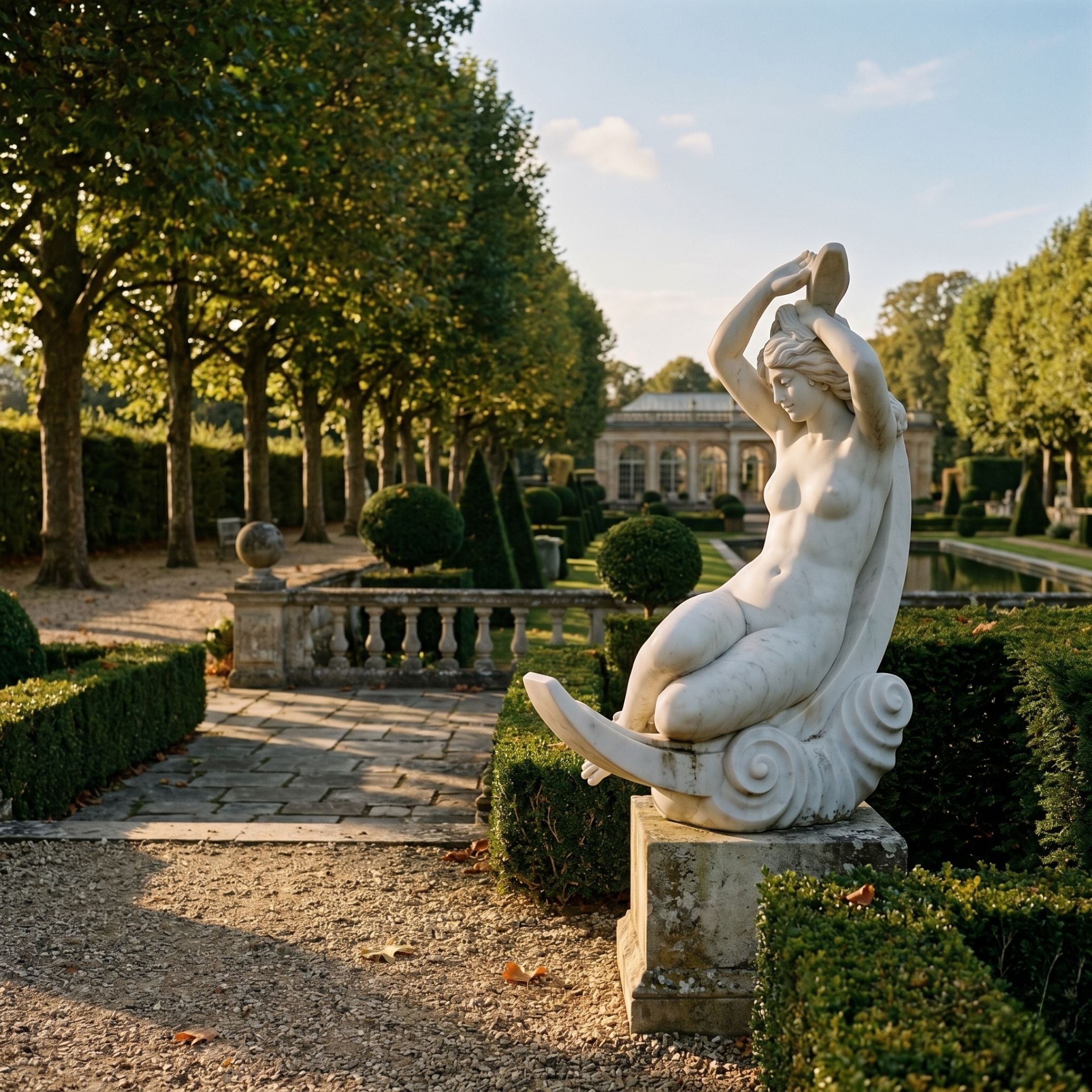 Giant Sculptures Woman on Crescent Moon 80cm white marble statue on a stone plinth in a formal garden with topiary, balustrade, and orangery beyond.