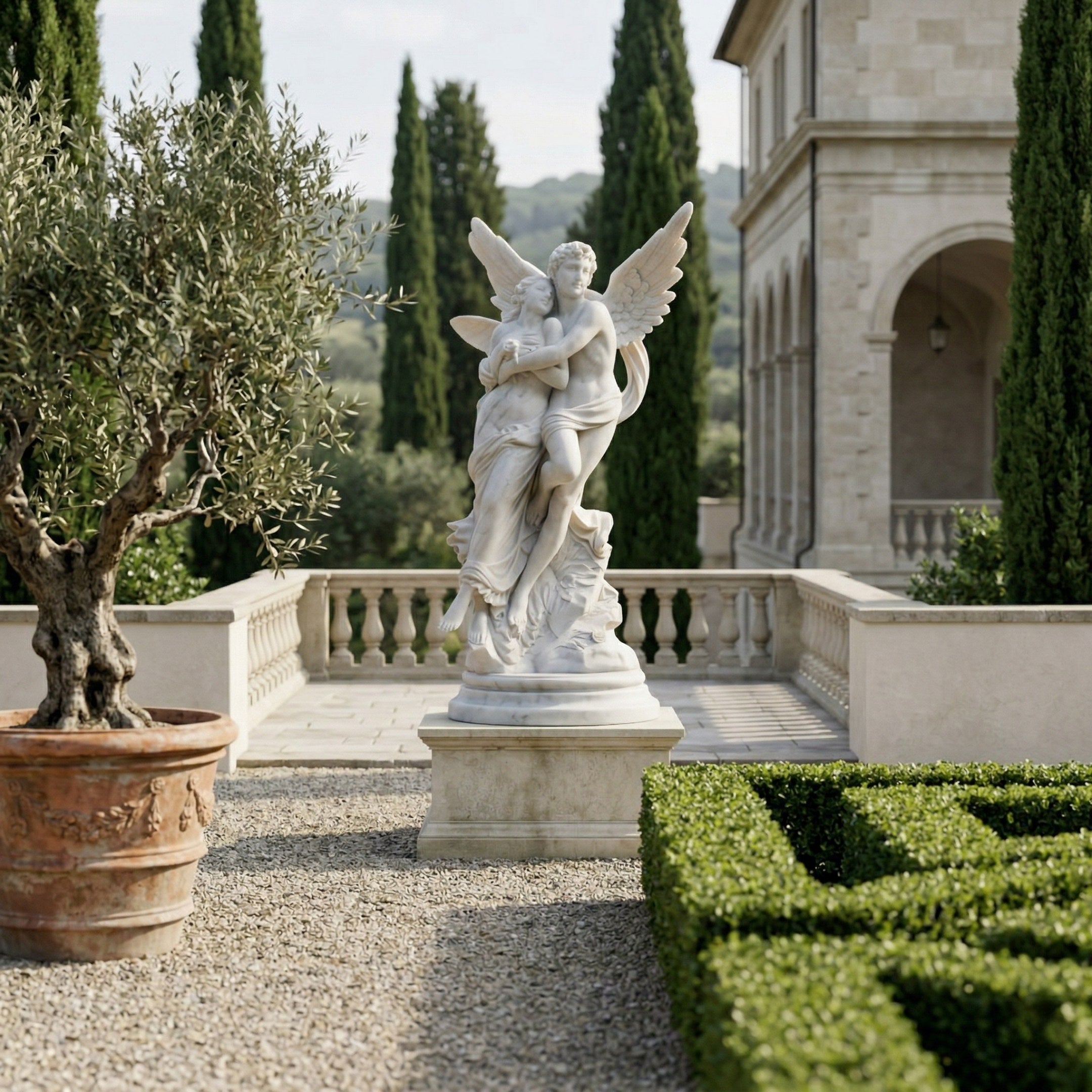 The Angelic Embrace Marble Outdoor Sculpture (260cm) by Giant Sculptures stands on a pedestal in a formal garden with trimmed hedges, a potted olive tree, and a grand stone building in the background.