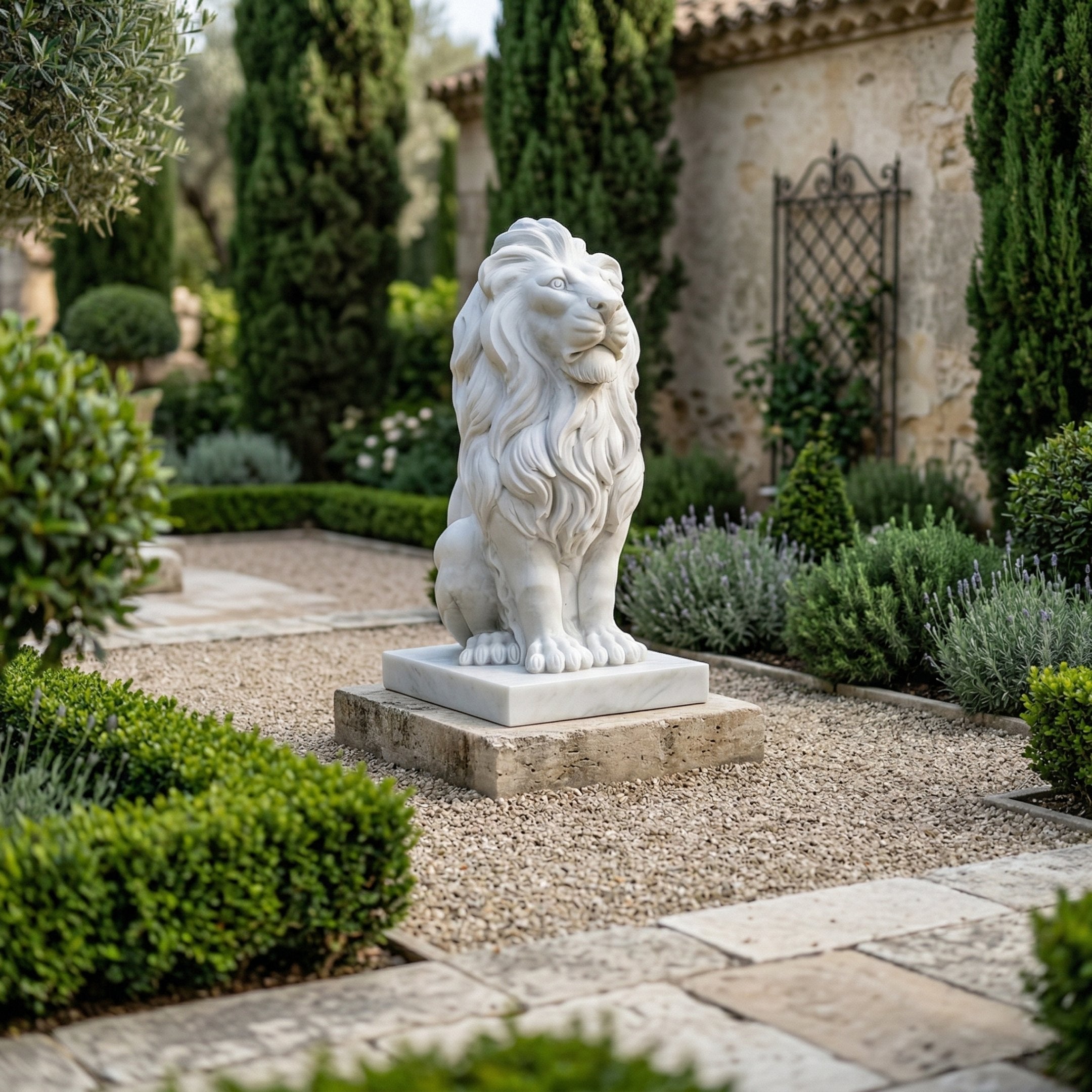 The Giant Gracious Lion Marble Outdoor Sculpture by Giant Sculptures (120cm) rests on a stone pedestal in a manicured garden with trimmed bushes, gravel paths, lavender, cypress trees, and a charming stone building nearby.
