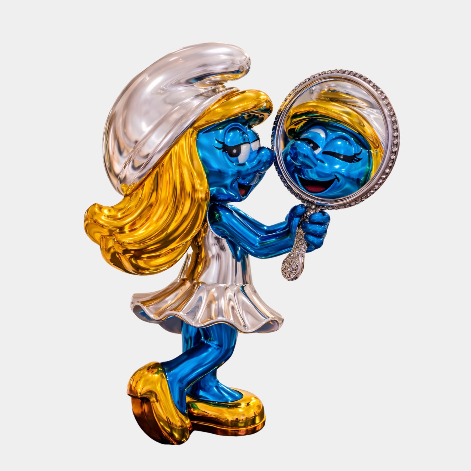 The Smurfette Vanity Mirror Glamour Statue by Giant Sculptures features Smurfette with yellow hair, blue skin, a white dress and shoes, holding and gazing into a shiny decorative vanity mirror.