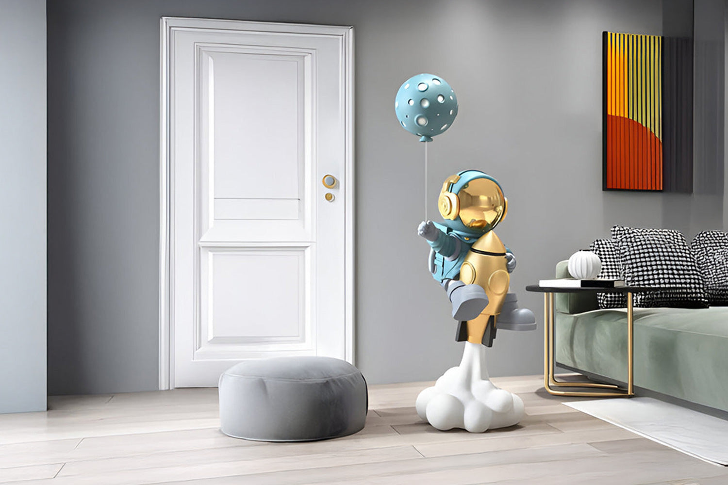 A modern room features a metallic astronaut sculpture with a balloon, standing on a cloud base. The space includes a sofa, geometric art on the wall, and a pouf on a wooden floor.