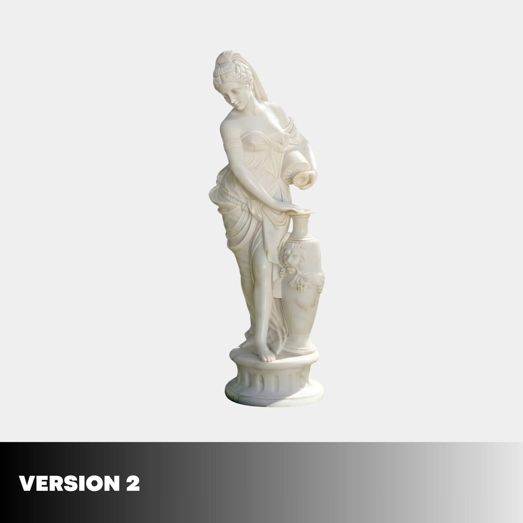 Water Nymph Marble Sculpture 180cm by Giant Sculptures, version 2 showing a draped female figure pouring from a vase beside a lion-head urn on a plain background.