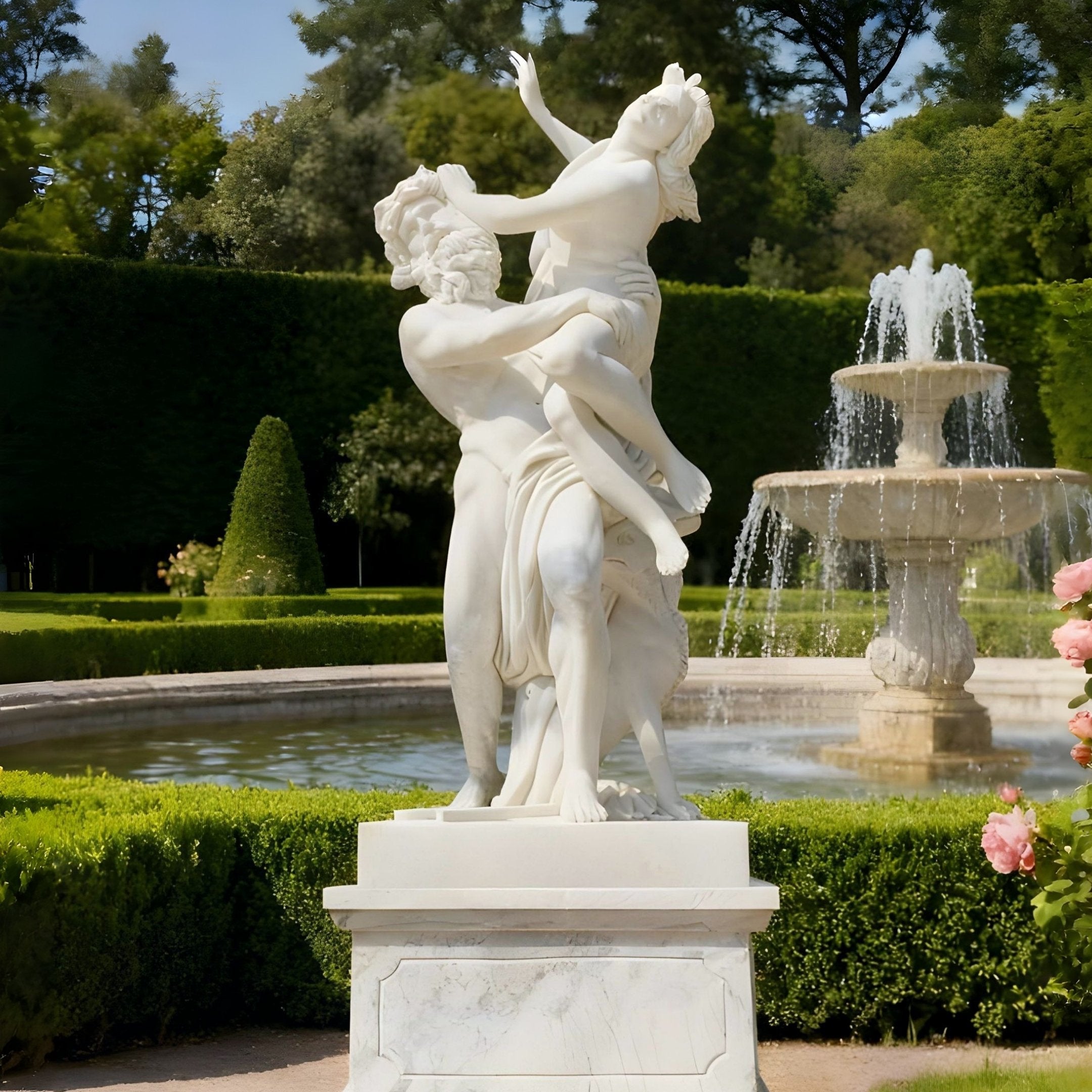 The Figurative Couple Marble Sculpture - 180cm by Giant Sculptures features a man lifting a woman, creating a stunning garden centrepiece amid trimmed hedges, a fountain, and blooming flowers.