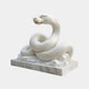 The Majestic Snake White Marble Outdoor Sculpture by Giant Sculptures stands 100cm tall, featuring a coiled snake with a raised head on a marble base. Finely detailed scales and a plain white background enhance the realistic and hand-carved artistry of this exquisite piece.