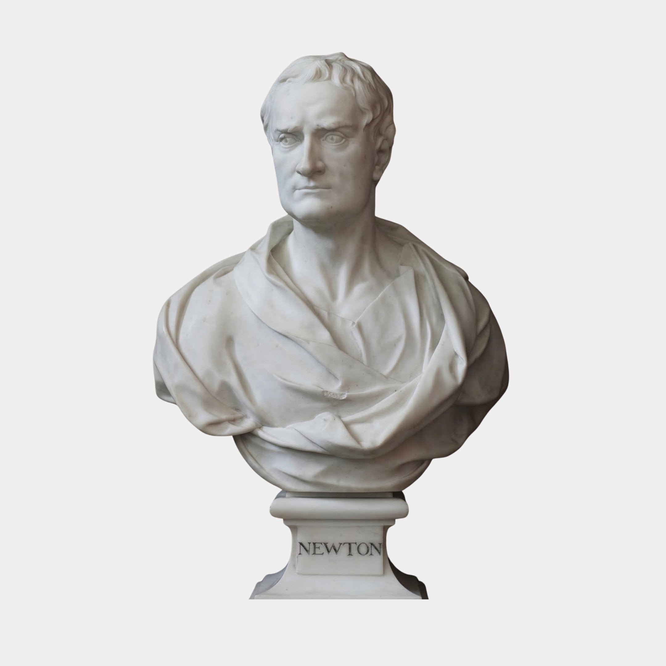 The Giant Sculptures Isaac Newton Marble Bust Sculpture (75cm) features a white marble figure of Newton with short hair and classical robes, his name inscribed on the pedestal. The sculpture stands out against a plain white background.